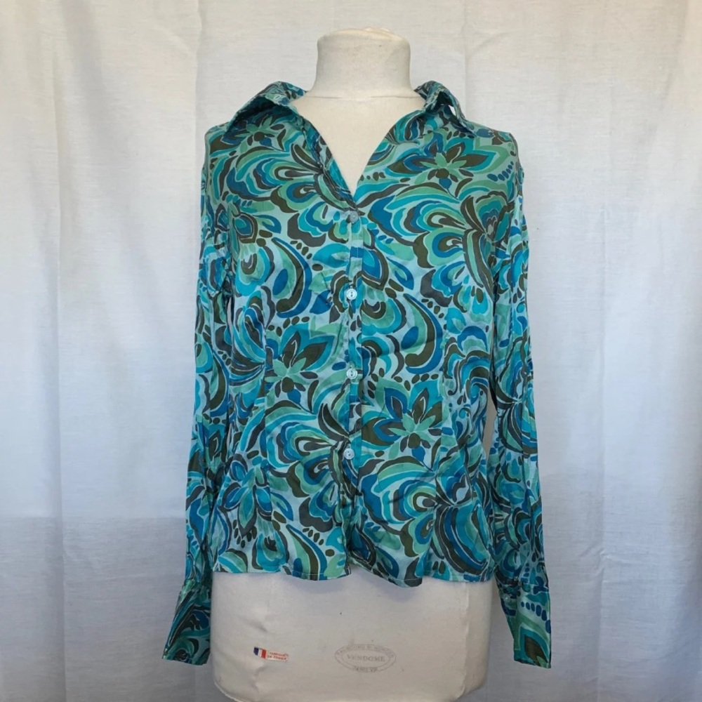 New York & Co Silk Blue Floral Blouse